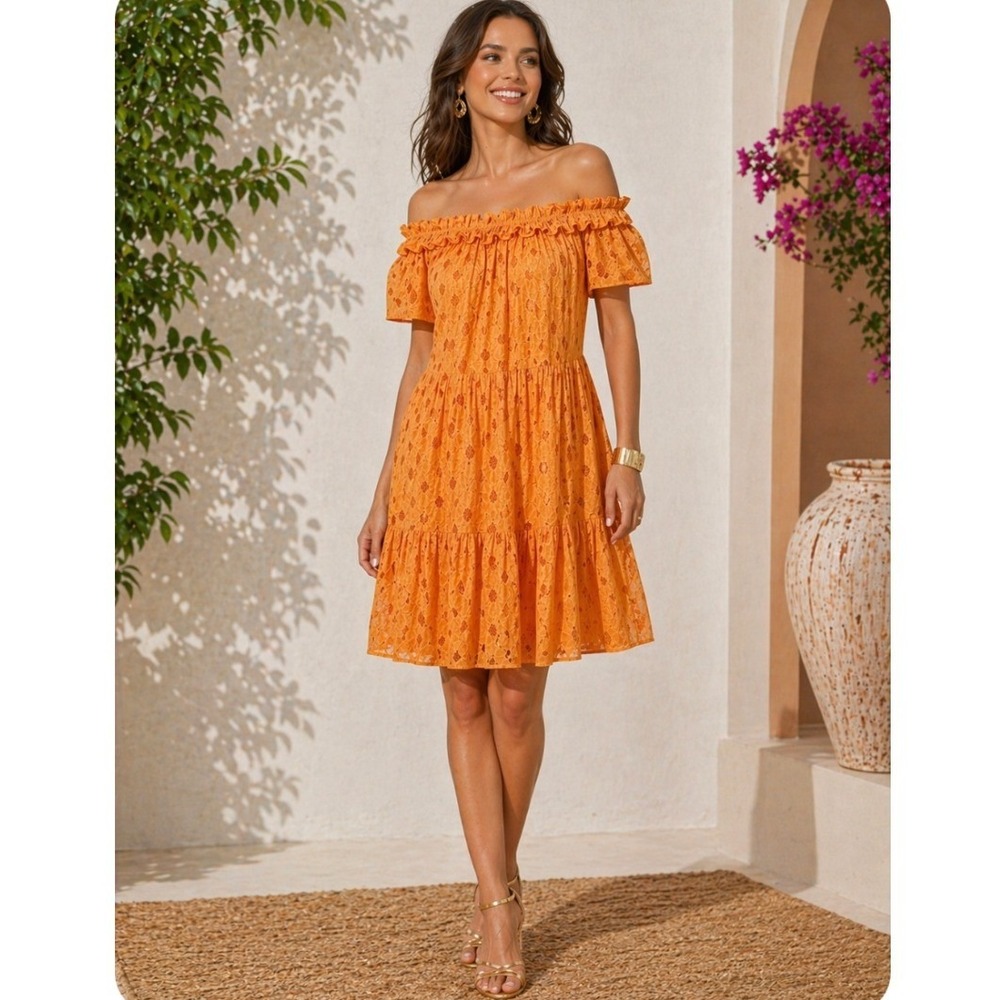 Trina Turk MARGERY Tiered Dress Women L MANGO‎ TANGO Ruffle OFF SHOULDER RESORT